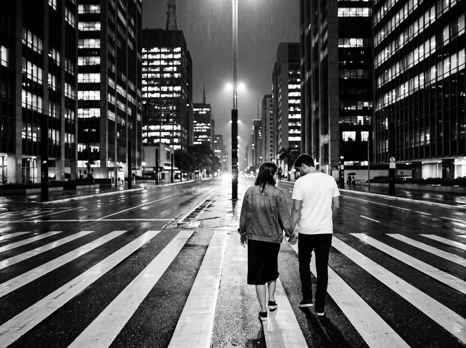 Casal de costas atravessando a faixa de pedestres numa avenida à noite, em preto e branco